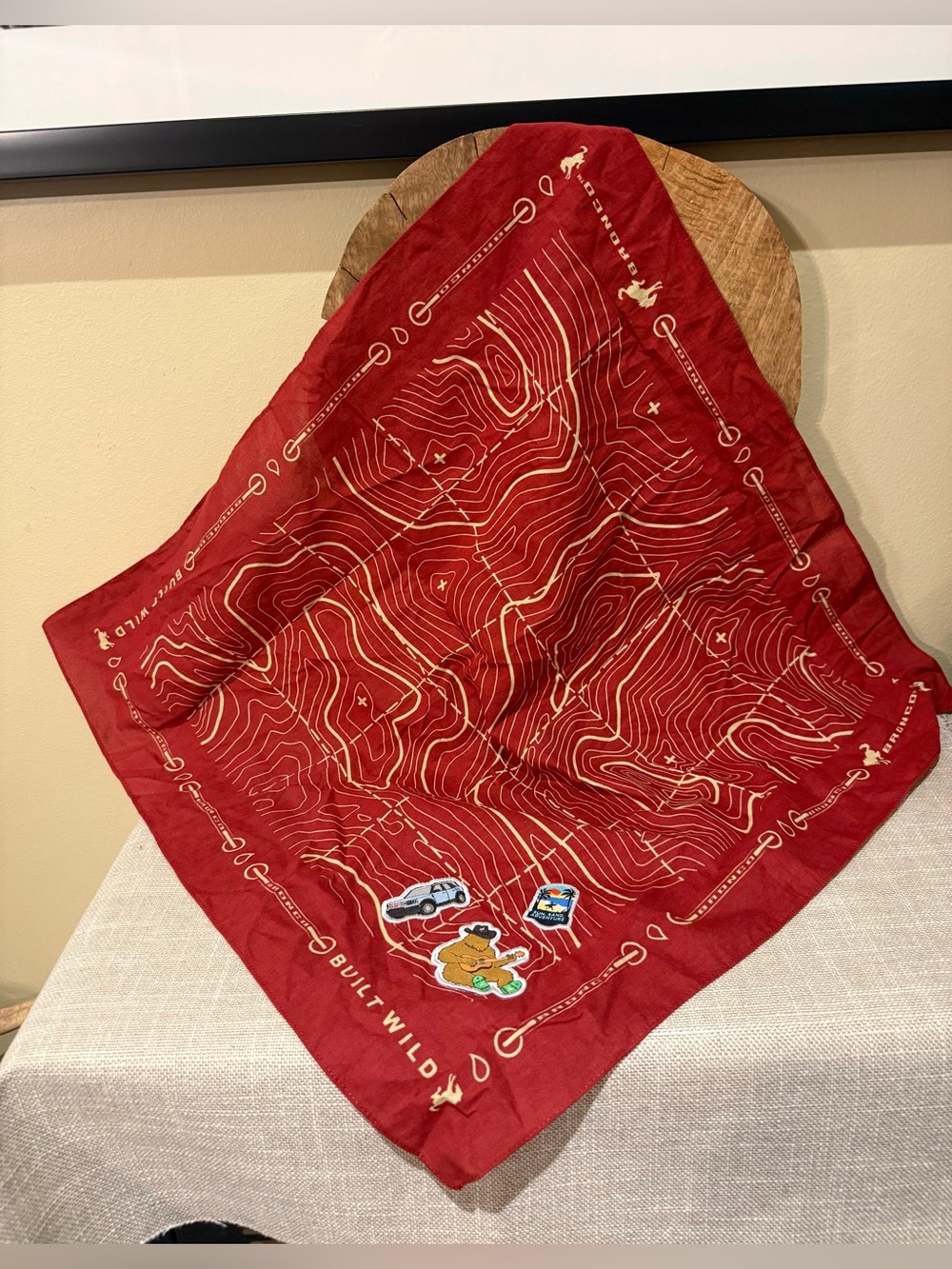 Ford Bronco Built Wild Topographic Map Bandana w/ Embroidered Patches – Rust Red
